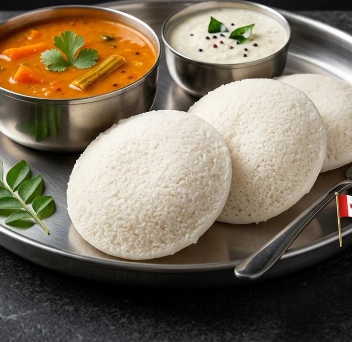 Idly with sambar and chutney, a South Indian breakfast classic in Edmonton, AB