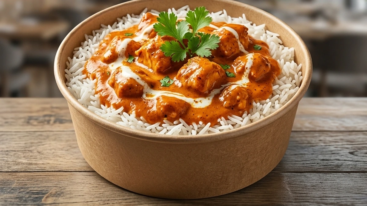 Butter Chicken Rice Bowl, creamy tomato-butter chicken curry over rice at Anna's Global Plate in Edmonton, AB