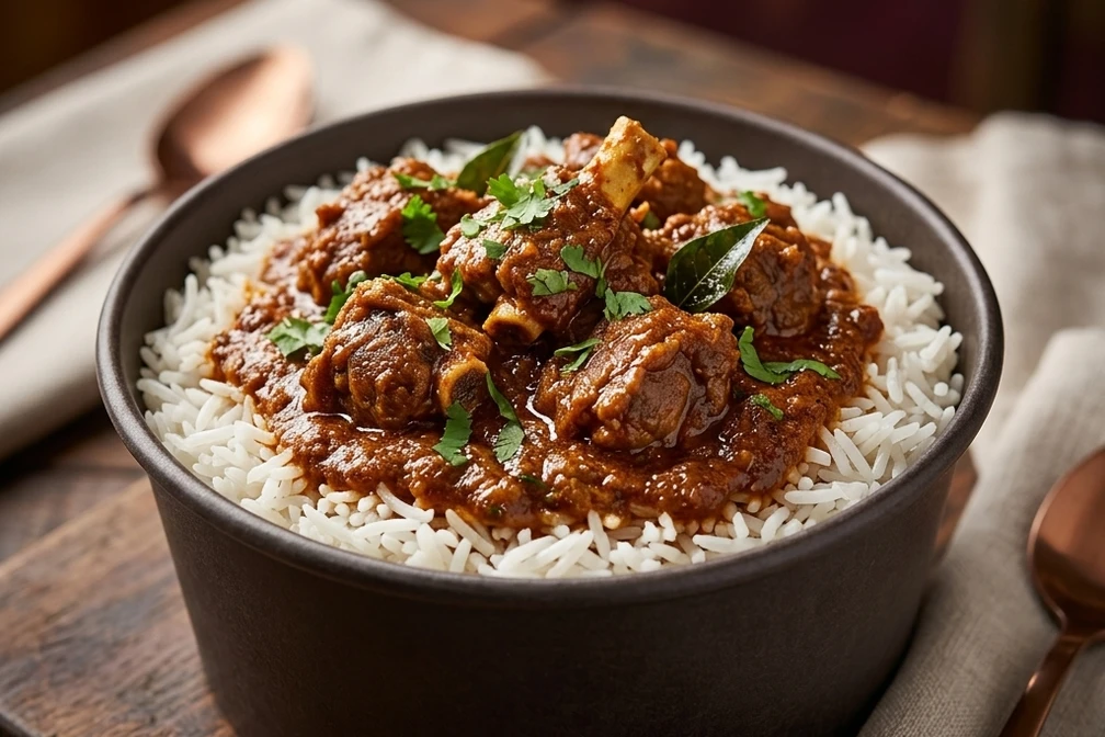 Goat Curry Rice Bowl, a slow-simmered goat curry over rice at Anna's Global Plate in Edmonton, AB